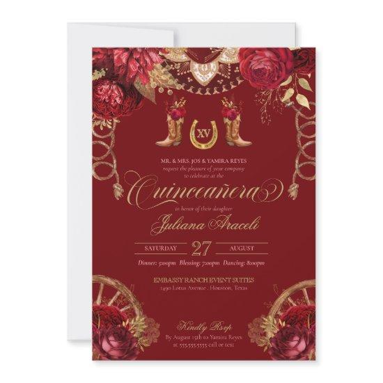 Burgundy Gold Roses Elegant Charro Quinceanera Inv