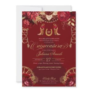 Burgundy Gold Roses Elegant Charro Quinceanera