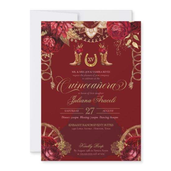 Burgundy Gold Roses Elegant Charro Quinceanera
