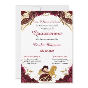Burgundy Gold Roses Horse Charra Quinceañera invit