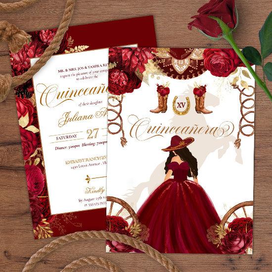 Burgundy Gold Western Charro 2-Sided Quinceanera