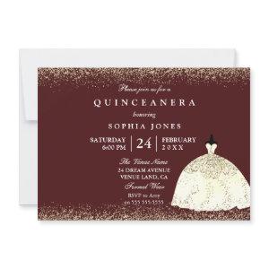 Burgundy Golden Dress Glitter Quinceanera Invite