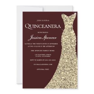 Burgundy Golden Dress Quinceanera Party Invite
