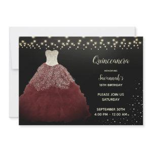 Burgundy Gown with String Lights Quinceanera