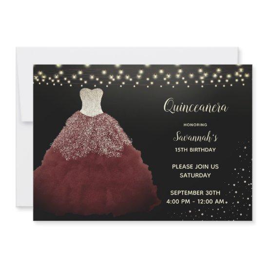 Burgundy Gown with String Lights Quinceanera
