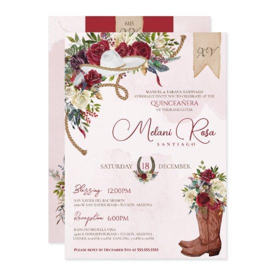Burgundy Holiday Floral Western Charro Quinceanera