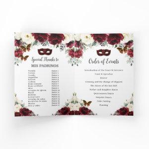 Burgundy Ivory Floral Gold Quinceañera Masquerade  Program