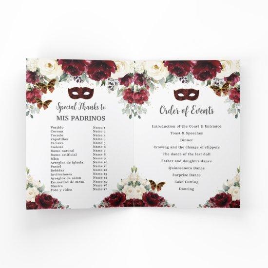 Burgundy Ivory Floral Gold Quinceañera Masquerade  Program