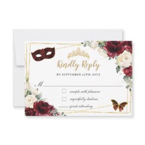 Burgundy Ivory Floral Quinceañera Butterflies Mask RSVP Card