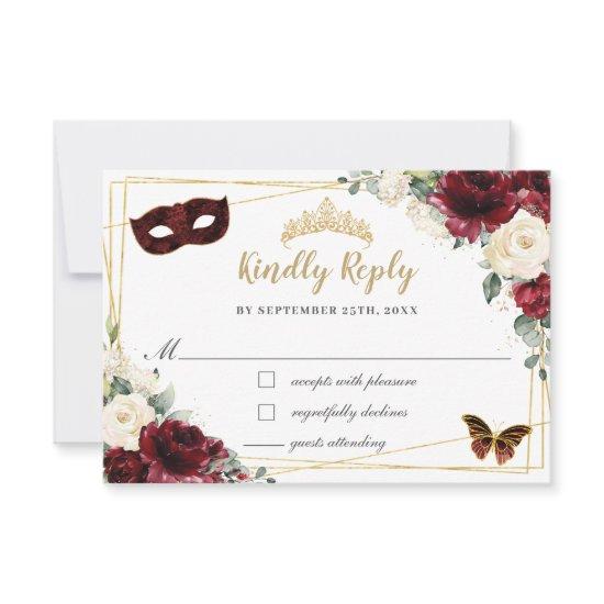 Burgundy Ivory Floral Quinceañera Butterflies Mask RSVP Card