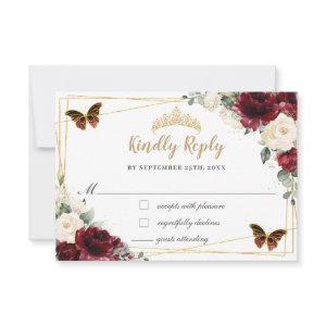 Burgundy Ivory Floral Quinceañera Butterfly Reply RSVP Card