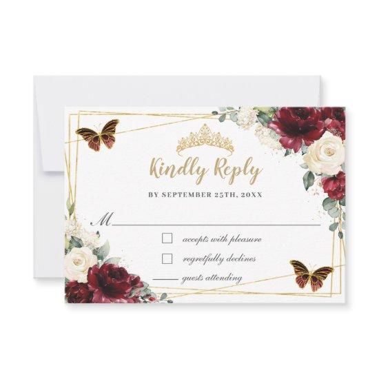 Burgundy Ivory Floral Quinceañera Butterfly Reply RSVP Card