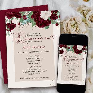 Burgundy Ivory Floral Roses Quinceanera and Mass
