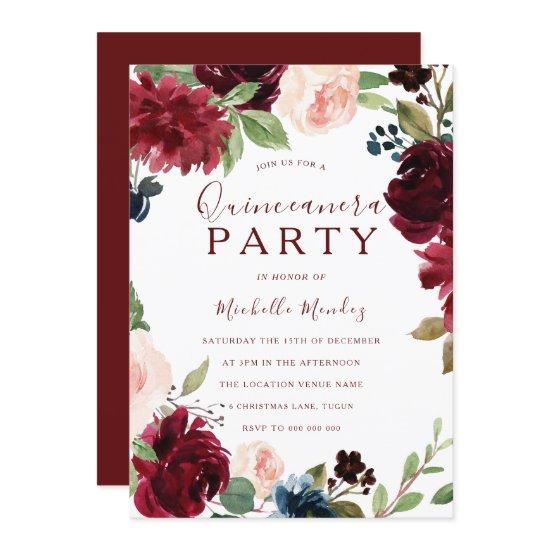 Burgundy Maroon Red Floral Quinceanera Party