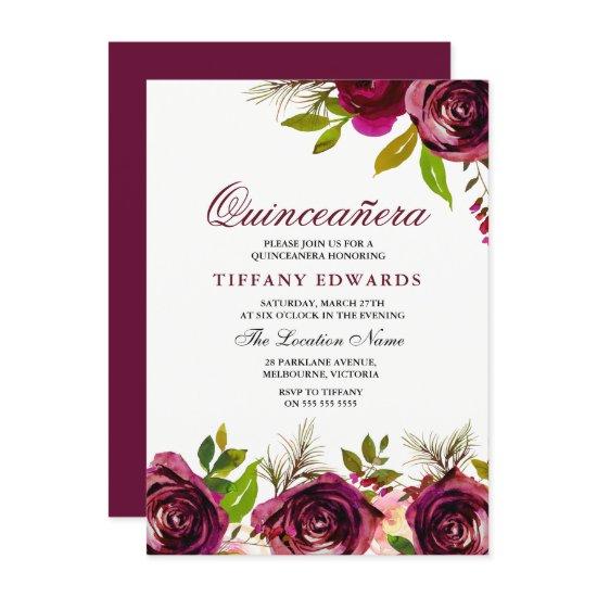 Burgundy Marsala Floral Quinceañera