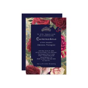 Burgundy Navy Blue Floral Quinceañera
