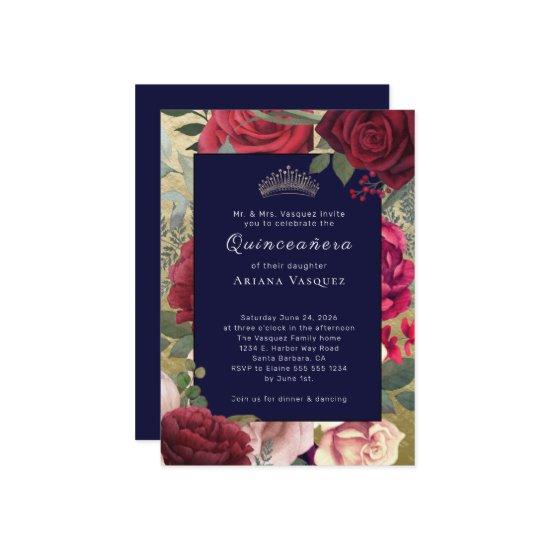 Burgundy Navy Blue Floral Quinceañera