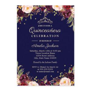 Burgundy Navy Elegant Floral Quinceanera