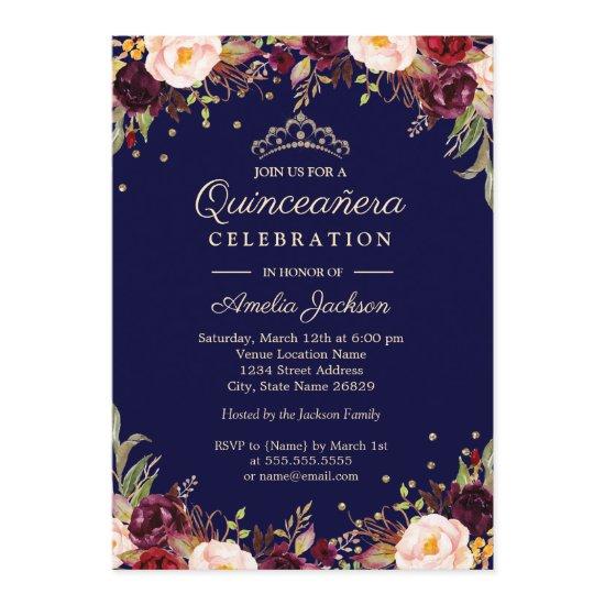 Burgundy Navy Elegant Floral Quinceanera