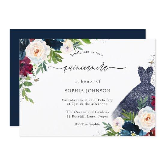 Burgundy & Navy Floral Dress Quinceanera Party