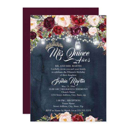 Burgundy Navy Floral Lights Quinceanera