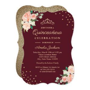 Burgundy Peach Gold Floral Confetti Quinceanera