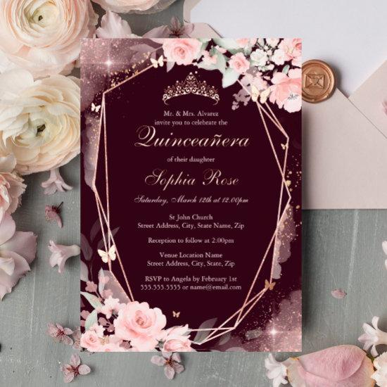 Burgundy Pink Butterfly Floral Quinceanera Foil