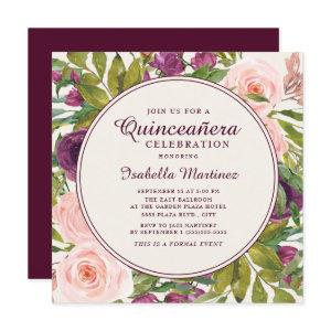 Burgundy Pink Cream Watercolor Floral Quinceañera