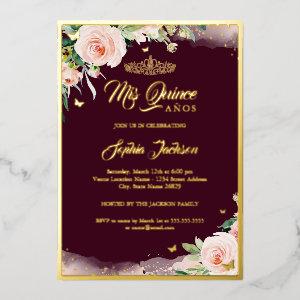 Burgundy Pink Floral Quinceanera Birthday  Foil In Foil