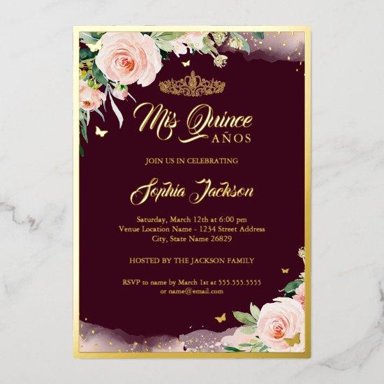 Burgundy Pink Floral Quinceanera Birthday  Foil In Foil