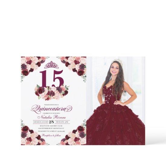 Burgundy Pink Floral Quinceanera Birthday Photo