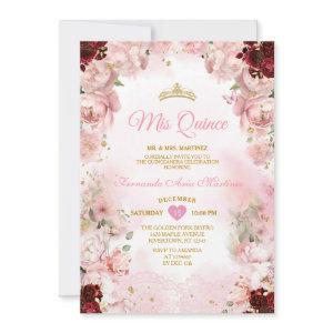 Burgundy Pink Floral  Ribbon Gold Crown Mis Quince