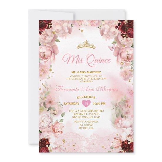 Burgundy Pink Floral  Ribbon Gold Crown Mis Quince