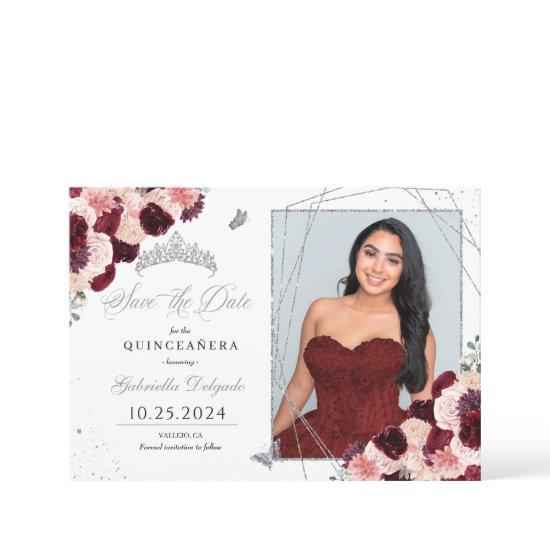 Burgundy Pink Photo Card Quinceañera Save The Date