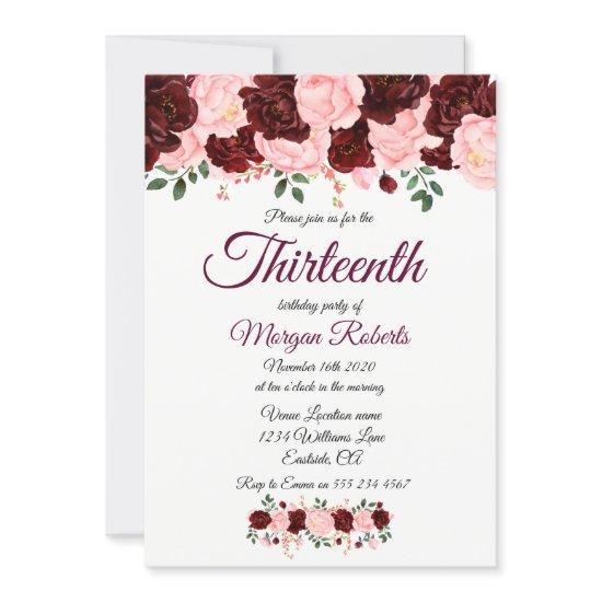 Burgundy Pink Rose 13th Birthday Party Invite
