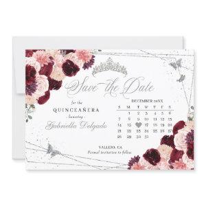 Burgundy Pink & Silver Quinceañera Save The Date