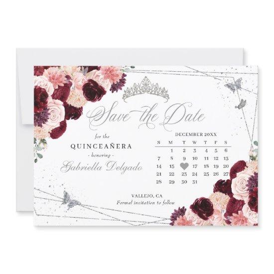 Burgundy Pink & Silver Quinceañera Save The Date