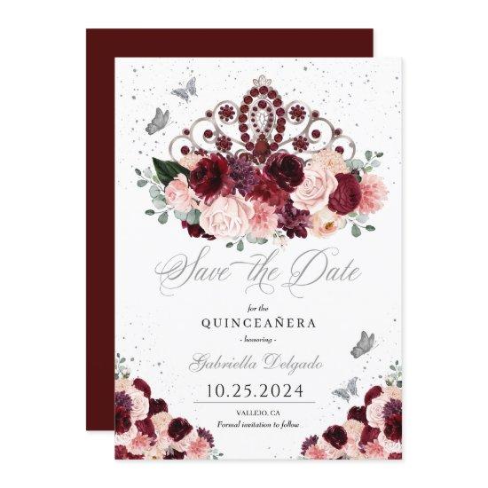 Burgundy Pink Tiara Save The Date Quinceañera