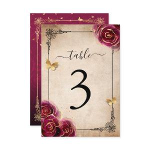 Burgundy Plum Gold Rose Wedding Table Number Cards