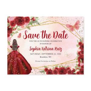 Burgundy Princess Floral Quinceañera Save the Date Postcard