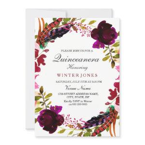 Burgundy Purple Floral Wreath Quinceanera Invite