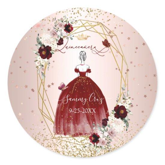 Burgundy Quinceanera H2 Flowers Dusty Rose Blush Classic Round Sticker