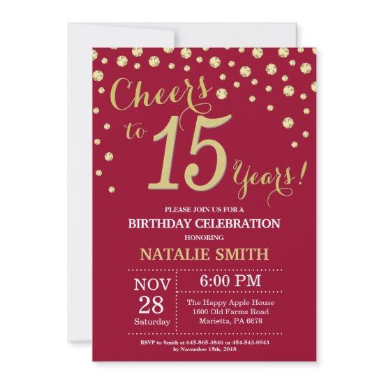 Burgundy Red and Gold 15th Birthday Diamond
