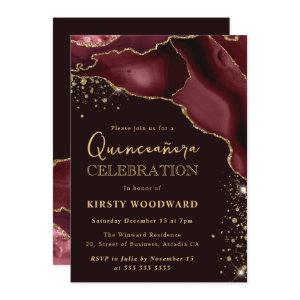 Burgundy Red and Gold Glitter Agate Quinceanera