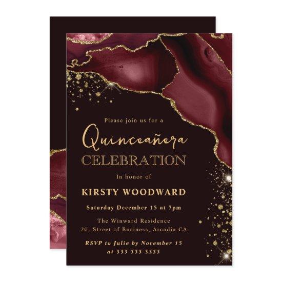 Burgundy Red and Gold Glitter Agate Quinceanera