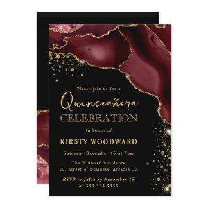 Burgundy Red and Gold Glitter Agate Quinceanera