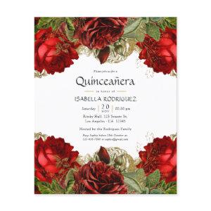 Burgundy Red and Gold Vintage Roses Quinceañera Flyer