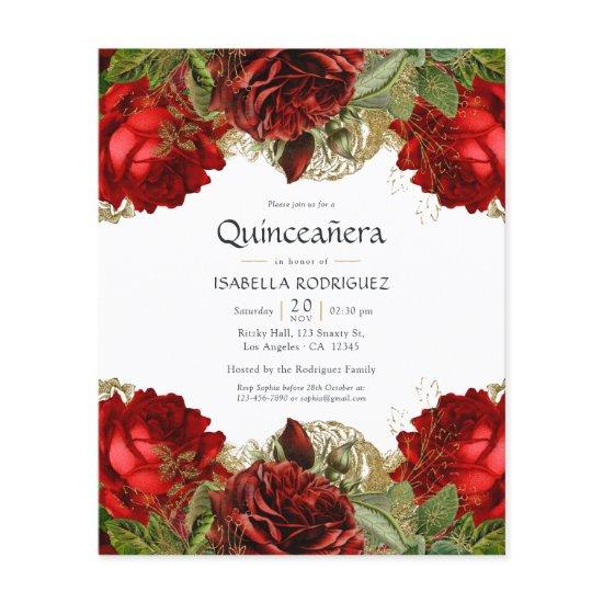 Burgundy Red and Gold Vintage Roses Quinceañera Flyer