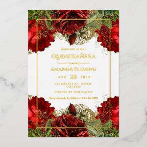 Burgundy Red and Gold Vintage Roses Quinceañera Fo Foil