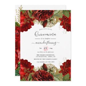 Burgundy Red and Gold Vintage Roses Quinceañera In